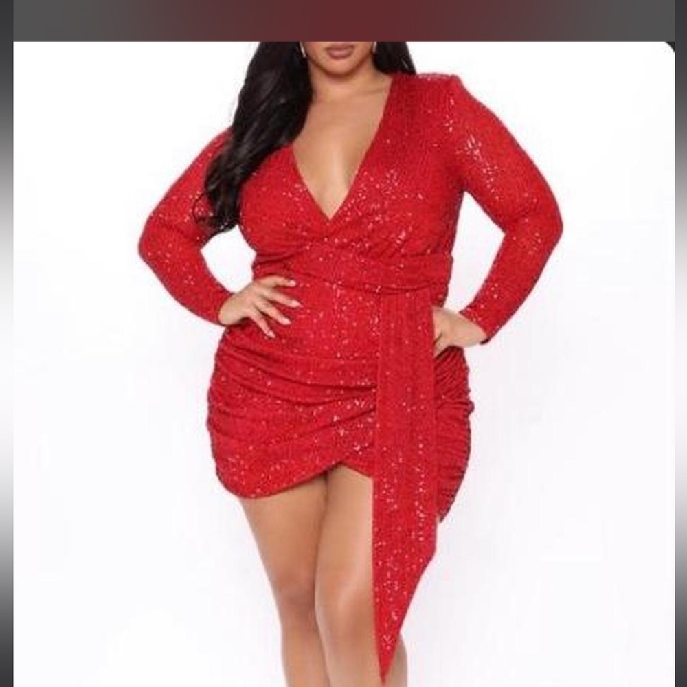Fashion Nova Red Sequin Deep V Long-Sleeve Wrap Dress